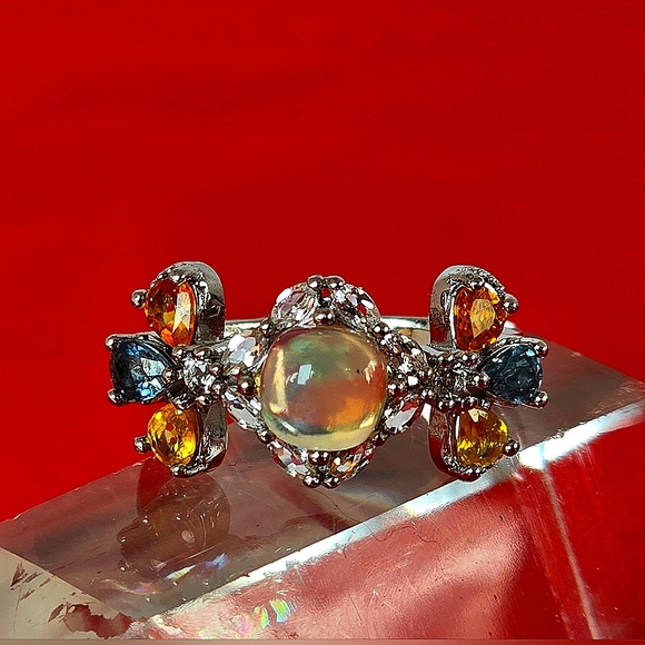 Natural Fire Opal 6mm, Sapphire, Topaz 925 Sterling Silver Jewelry Ring Sz 6.75 - Picture 5 of 7